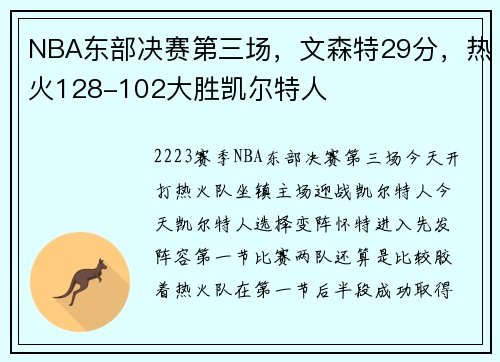 NBA东部决赛第三场，文森特29分，热火128-102大胜凯尔特人